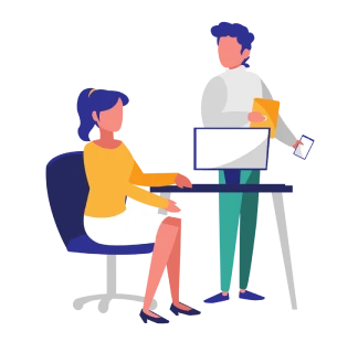 Illustration of two colleagues discussing at a desk