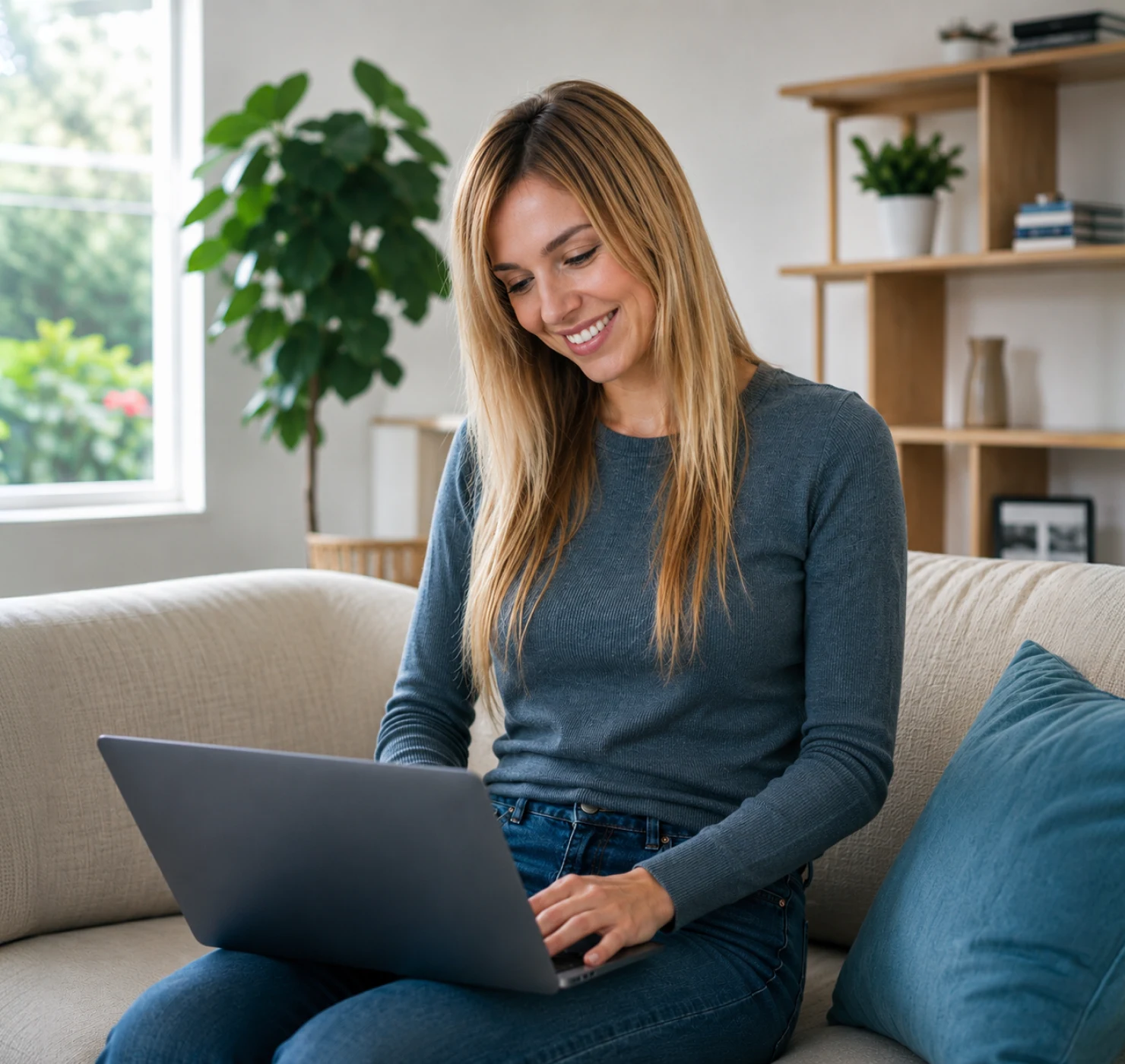 Woman smiling while using a laptop at home